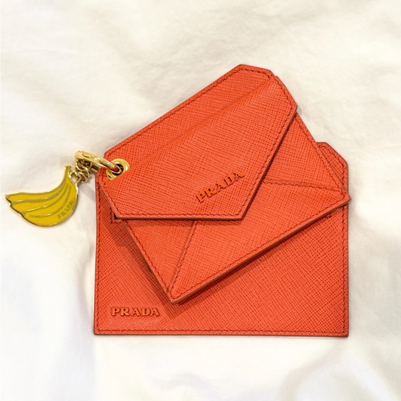 Prada Orange Saffiano Leather Banana Charm Keychain Wallet Card Case - Picture 4 of 9